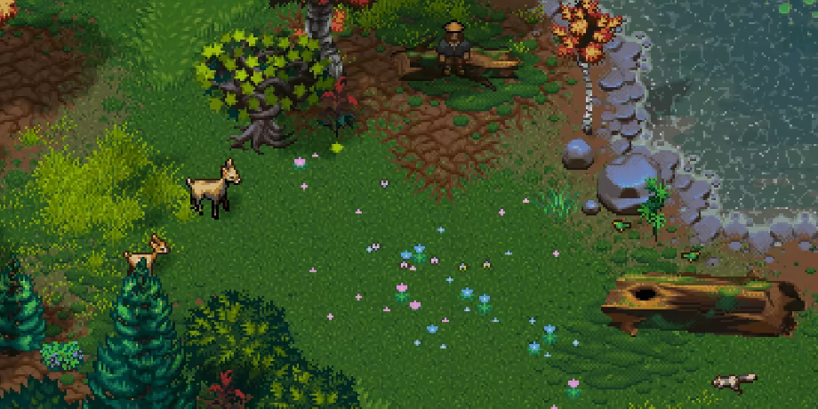 World of Anterra lakeside scene with deer, trees and a campfire, from the official Steam page